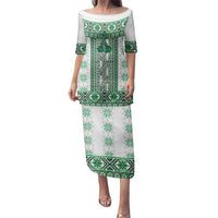 Ukraine Family Matching Puletasi and Hawaiian Shirt Traditional Braided Rope Belt Green Folk Pattern