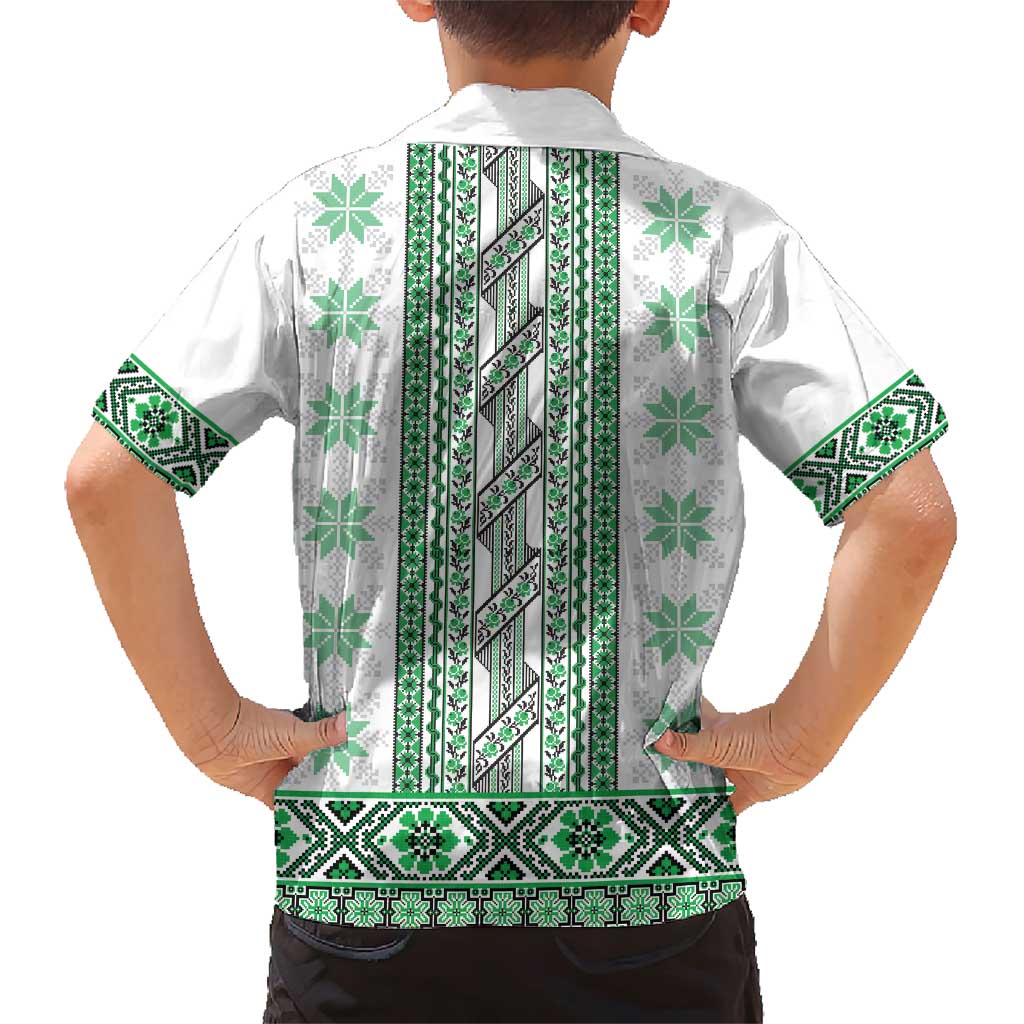 Ukraine Family Matching Short Sleeve Bodycon Dress and Hawaiian Shirt Traditional Braided Rope Belt Green Folk Pattern