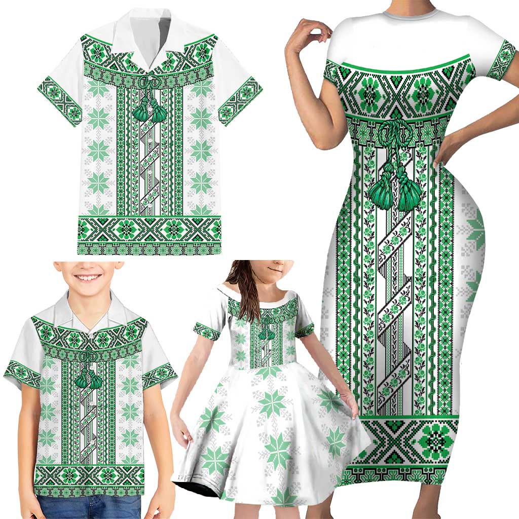 Ukraine Family Matching Short Sleeve Bodycon Dress and Hawaiian Shirt Traditional Braided Rope Belt Green Folk Pattern