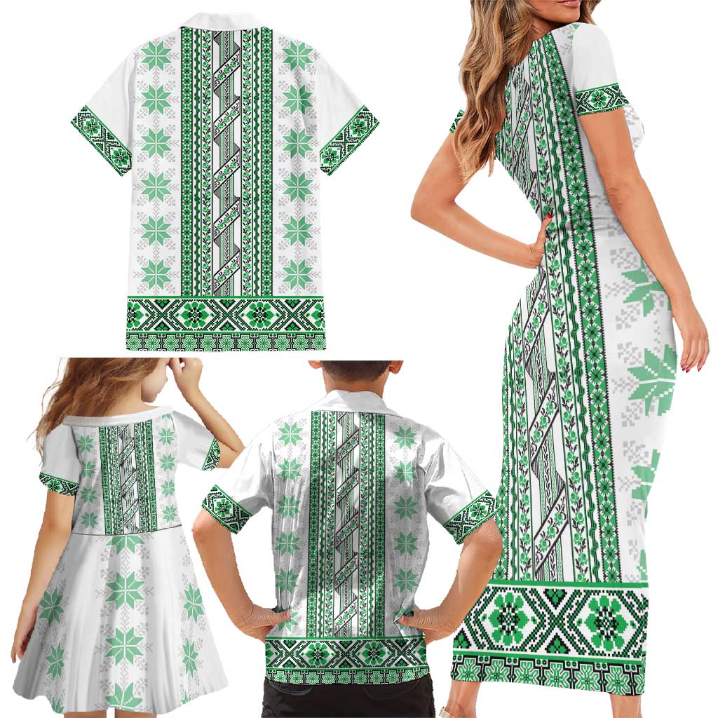 Ukraine Family Matching Short Sleeve Bodycon Dress and Hawaiian Shirt Traditional Braided Rope Belt Green Folk Pattern