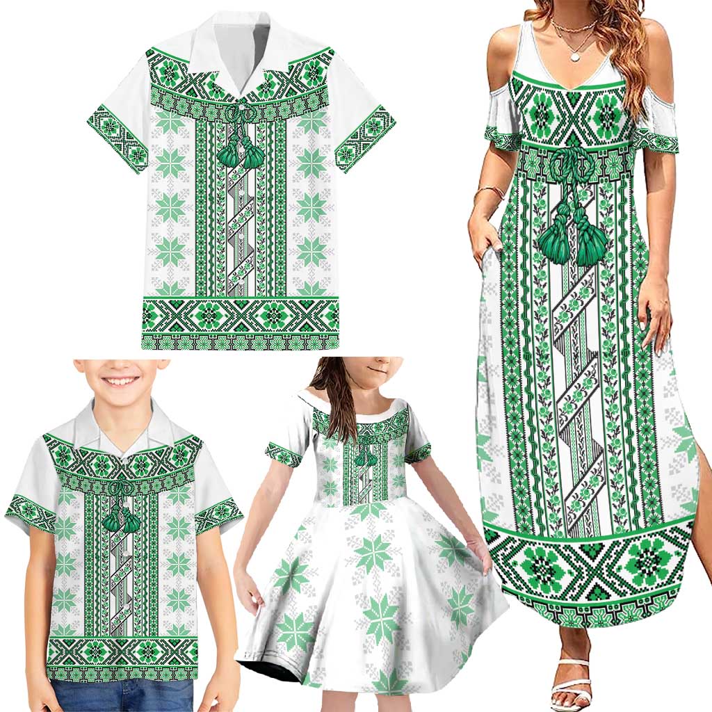 Ukraine Family Matching Summer Maxi Dress and Hawaiian Shirt Traditional Braided Rope Belt Green Folk Pattern
