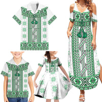 Ukraine Family Matching Summer Maxi Dress and Hawaiian Shirt Traditional Braided Rope Belt Green Folk Pattern