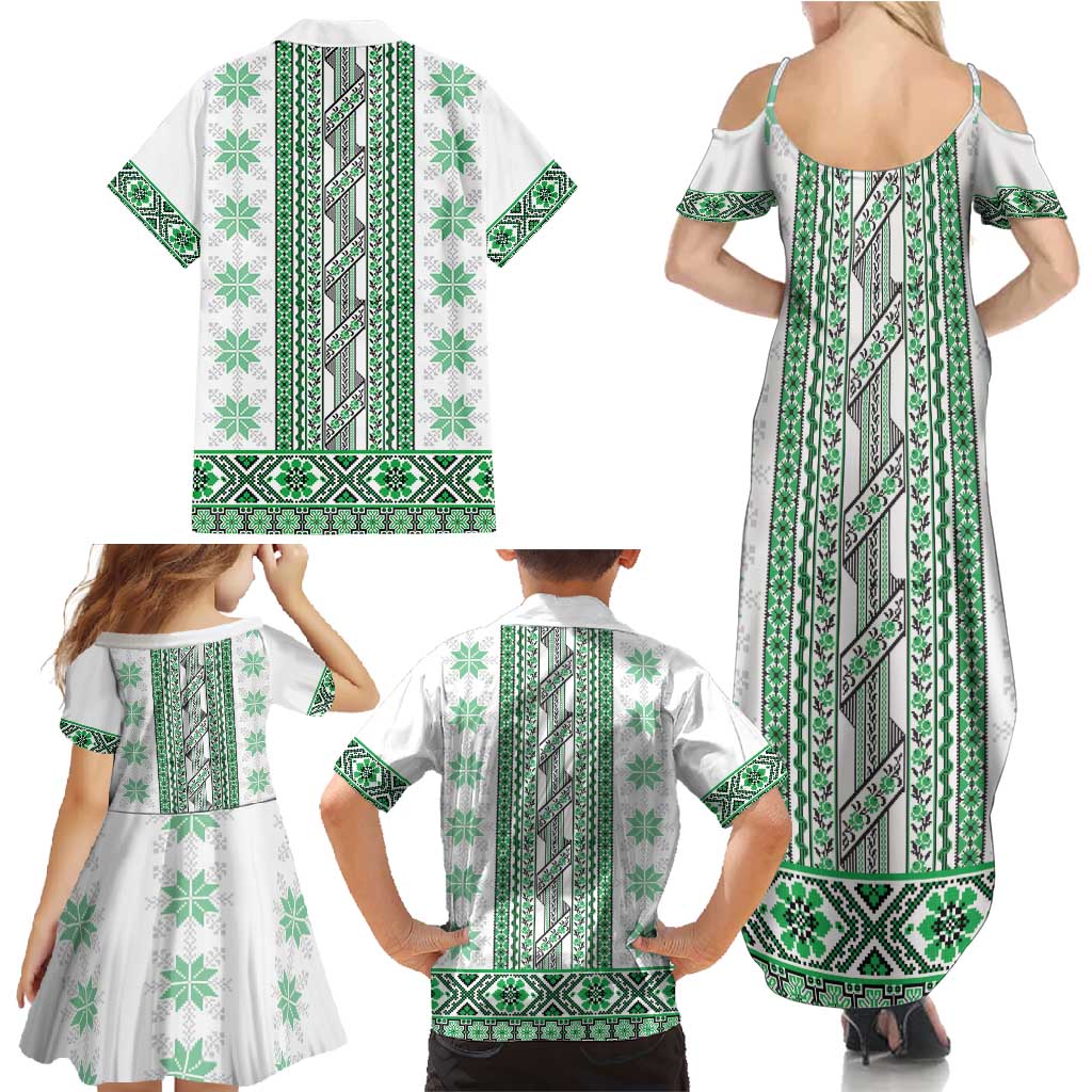 Ukraine Family Matching Summer Maxi Dress and Hawaiian Shirt Traditional Braided Rope Belt Green Folk Pattern