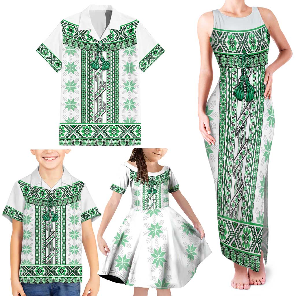 Ukraine Family Matching Tank Maxi Dress and Hawaiian Shirt Traditional Braided Rope Belt Green Folk Pattern