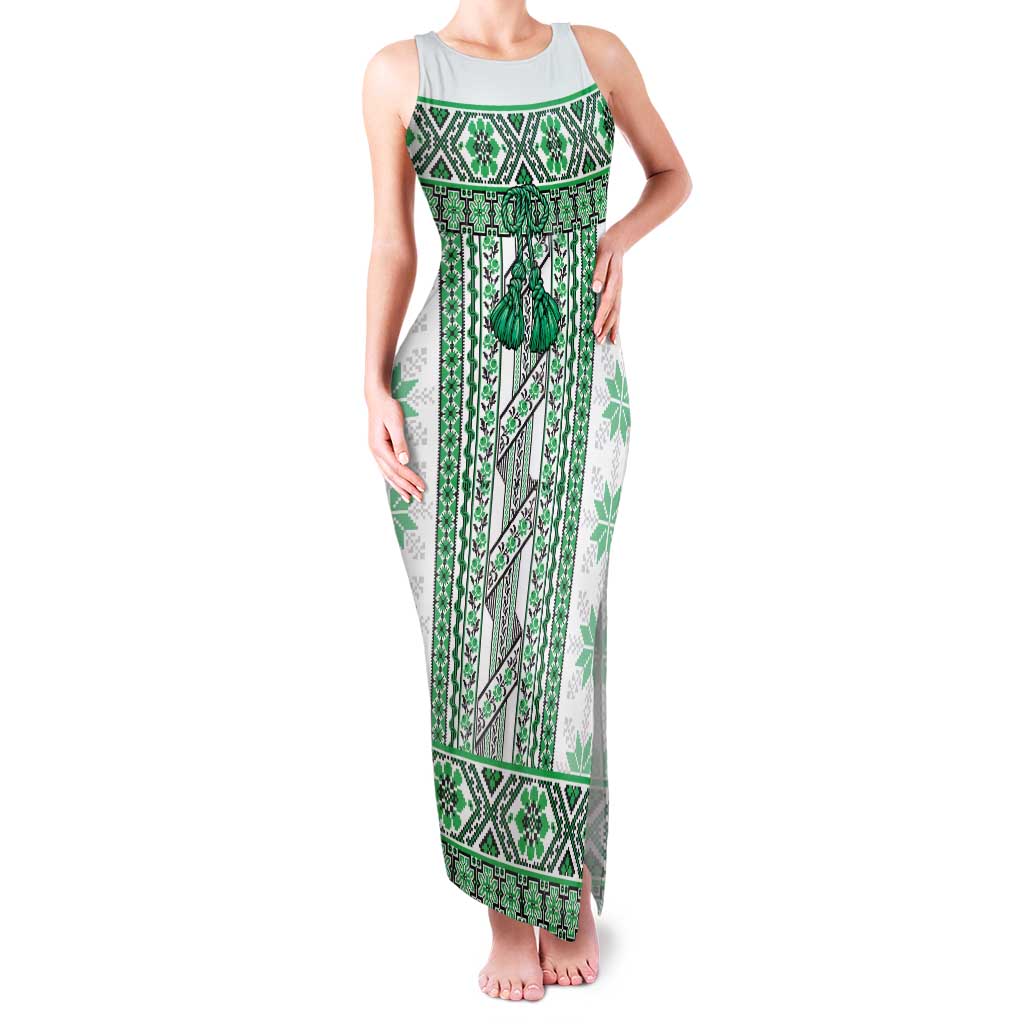 Ukraine Family Matching Tank Maxi Dress and Hawaiian Shirt Traditional Braided Rope Belt Green Folk Pattern