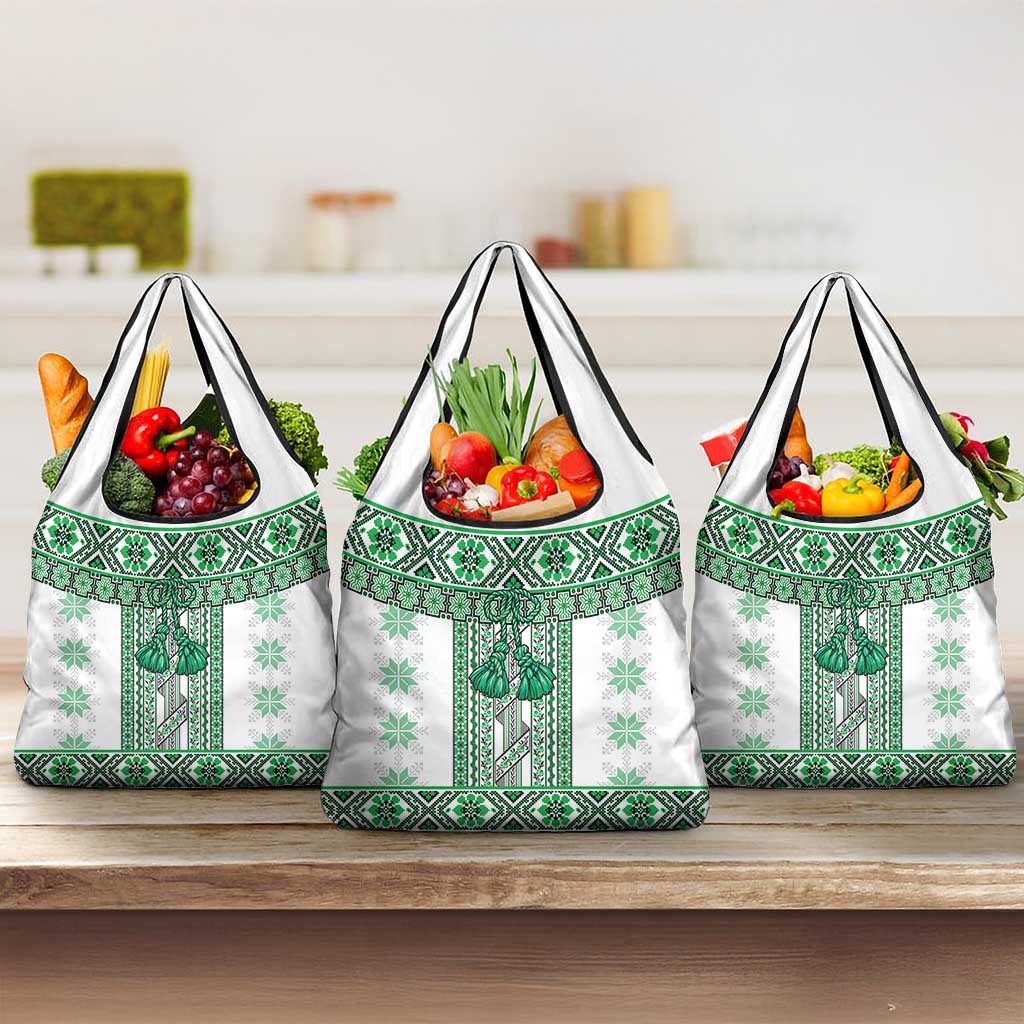 Ukraine Grocery Bag Traditional Braided Rope Belt Green Folk Pattern