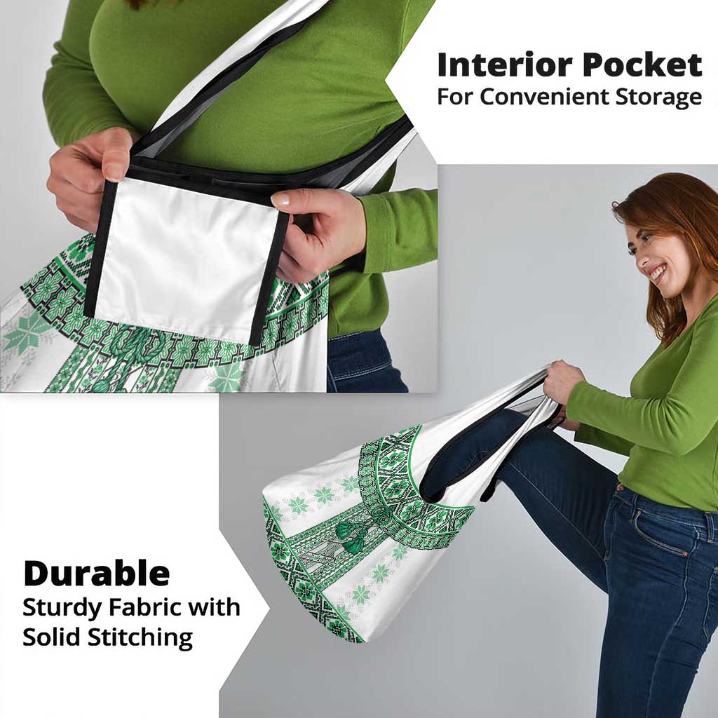 Ukraine Grocery Bag Traditional Braided Rope Belt Green Folk Pattern