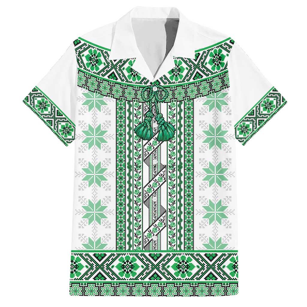 Ukraine Hawaiian Shirt Traditional Braided Rope Belt Green Folk Pattern