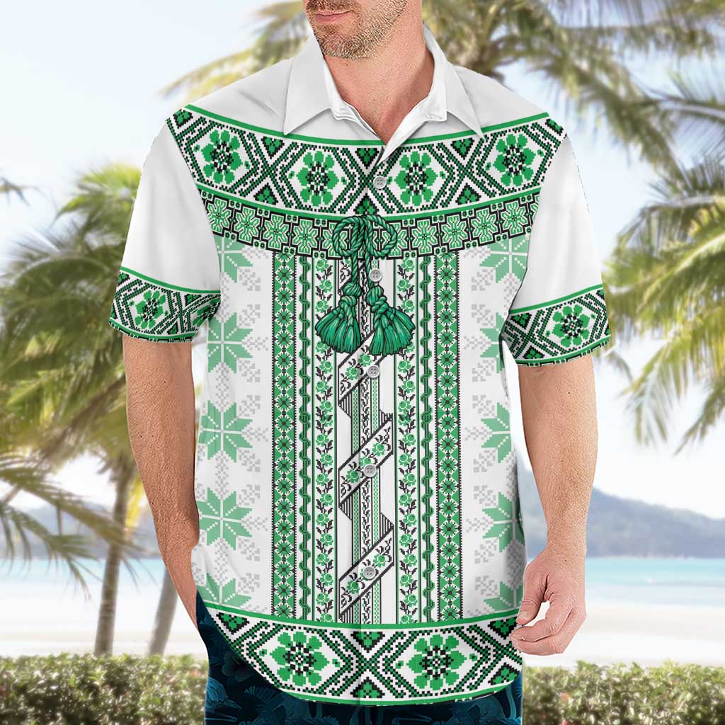 Ukraine Hawaiian Shirt Traditional Braided Rope Belt Green Folk Pattern
