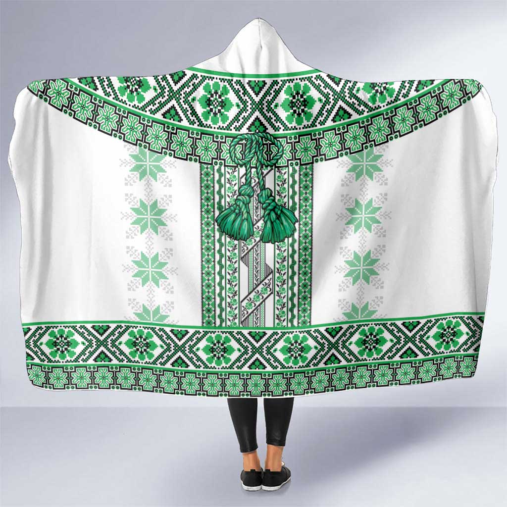 Ukraine Hooded Blanket Traditional Braided Rope Belt Green Folk Pattern