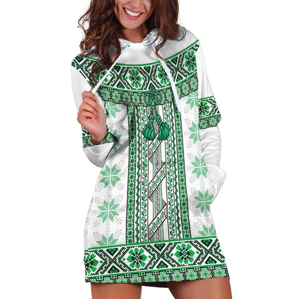 Ukraine Hoodie Dress Traditional Braided Rope Belt Green Folk Pattern