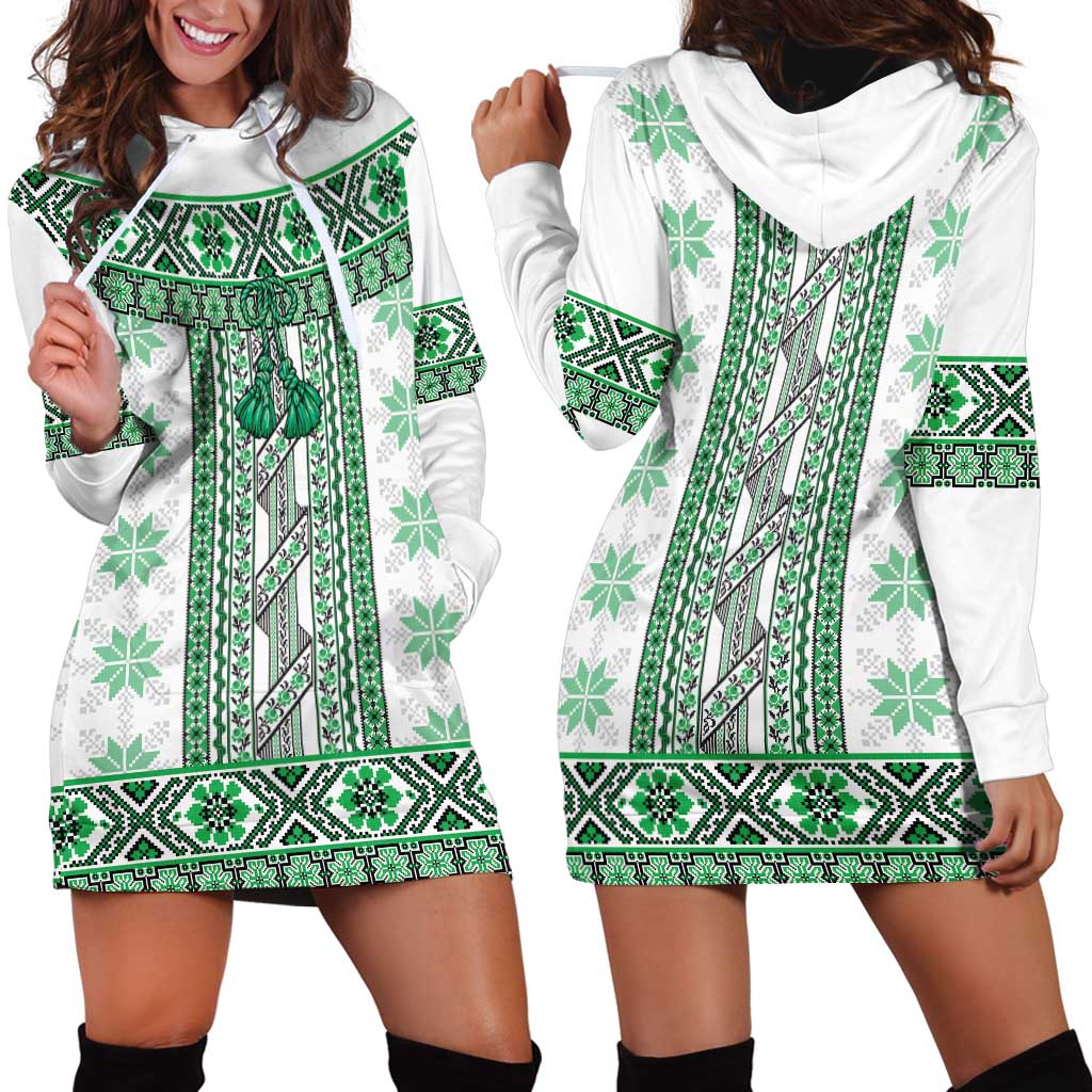 Ukraine Hoodie Dress Traditional Braided Rope Belt Green Folk Pattern