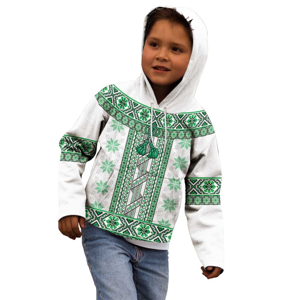Ukraine Kid Hoodie Traditional Braided Rope Belt Green Folk Pattern