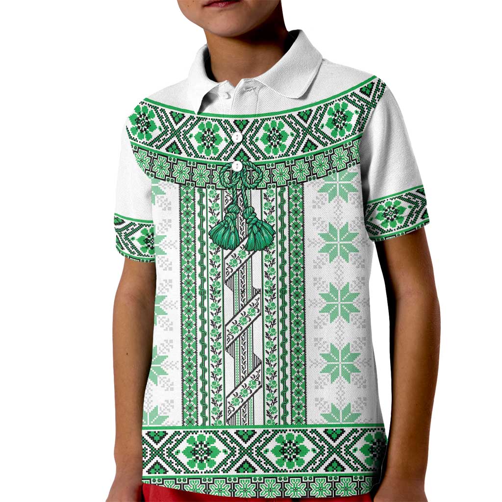 Ukraine Kid Polo Shirt Traditional Braided Rope Belt Green Folk Pattern