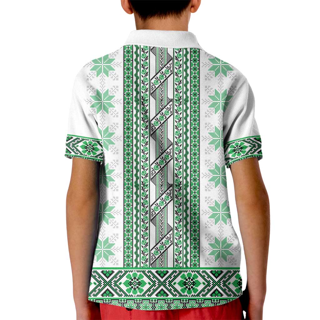 Ukraine Kid Polo Shirt Traditional Braided Rope Belt Green Folk Pattern
