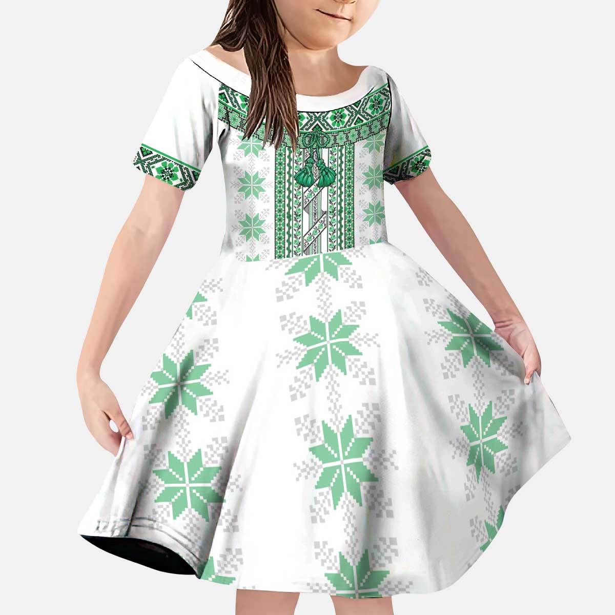 Ukraine Kid Short Sleeve Dress Traditional Braided Rope Belt Green Folk Pattern