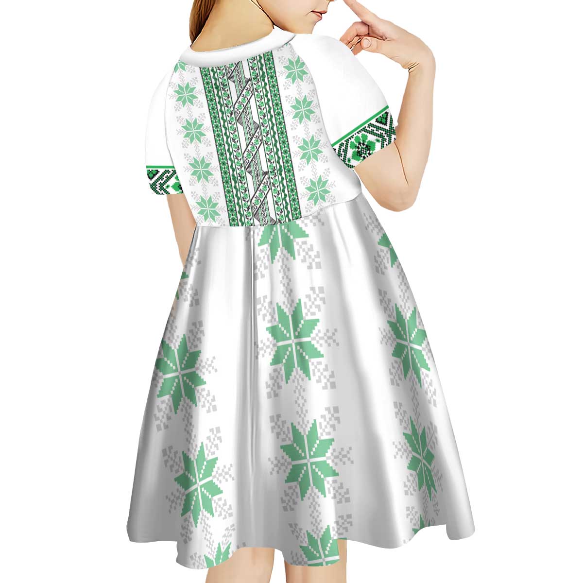 Ukraine Kid Short Sleeve Dress Traditional Braided Rope Belt Green Folk Pattern