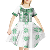 Ukraine Kid Short Sleeve Dress Traditional Braided Rope Belt Green Folk Pattern