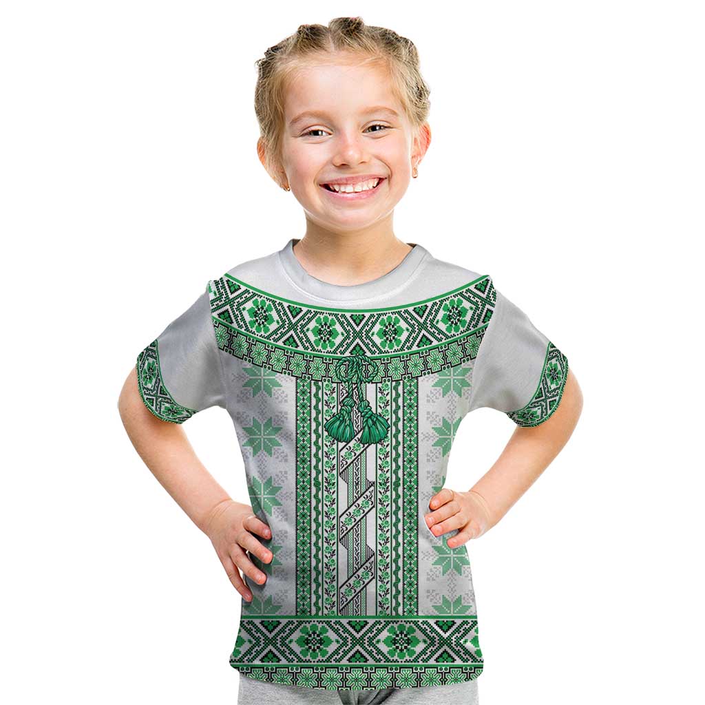 Ukraine Kid T Shirt Traditional Braided Rope Belt Green Folk Pattern
