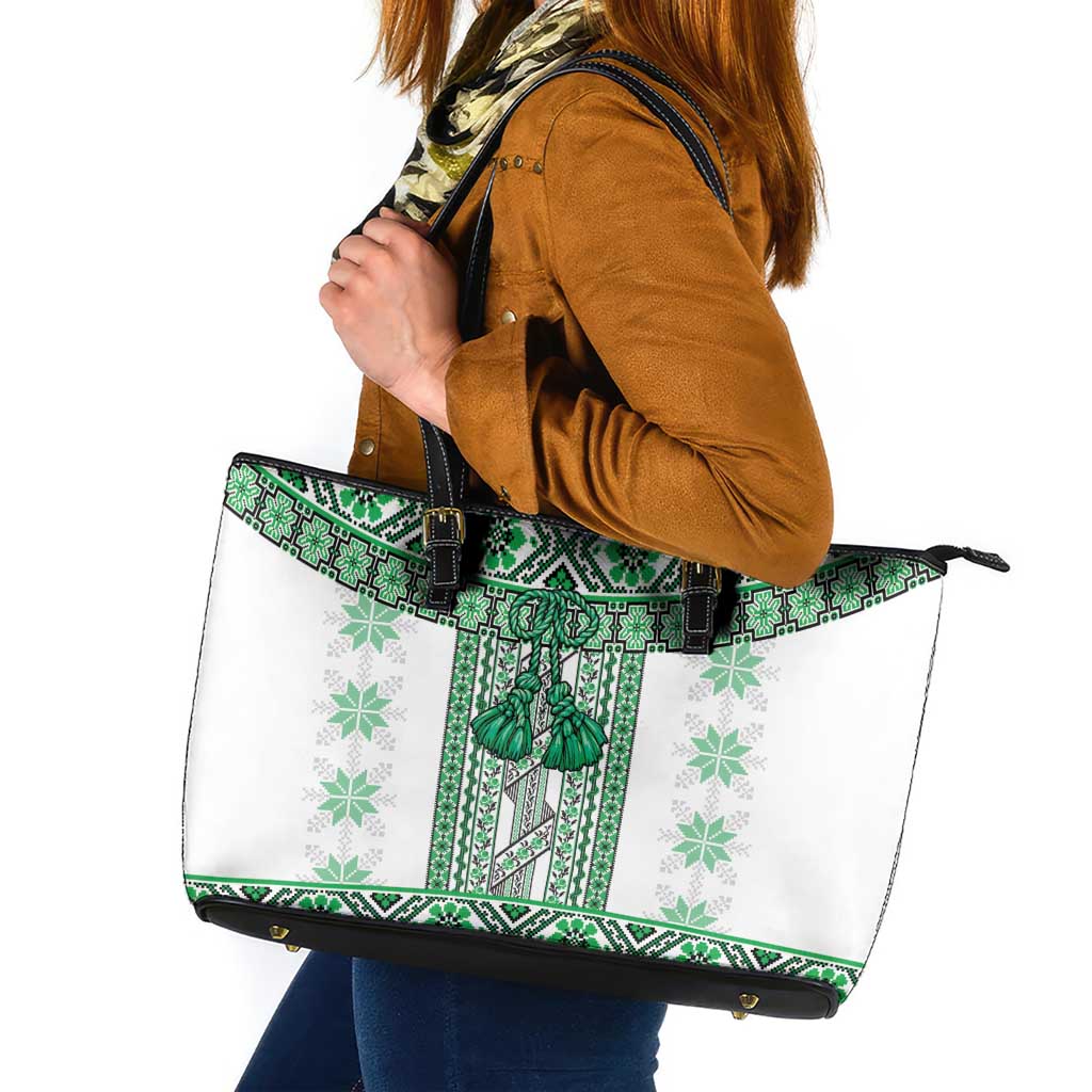 Ukraine Leather Tote Bag Traditional Braided Rope Belt Green Folk Pattern