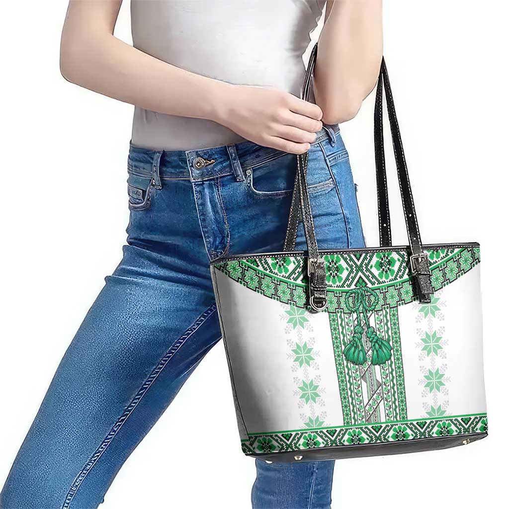 Ukraine Leather Tote Bag Traditional Braided Rope Belt Green Folk Pattern