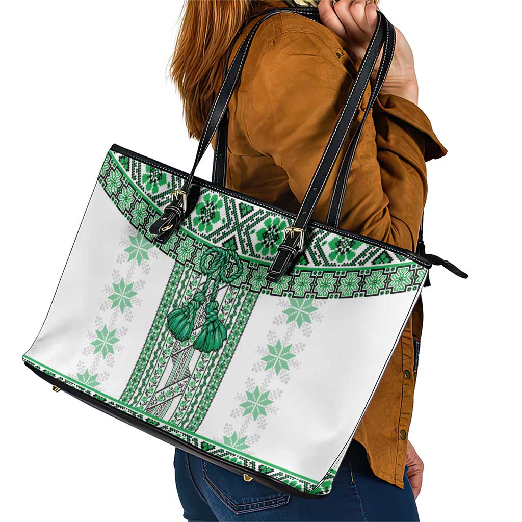 Ukraine Leather Tote Bag Traditional Braided Rope Belt Green Folk Pattern