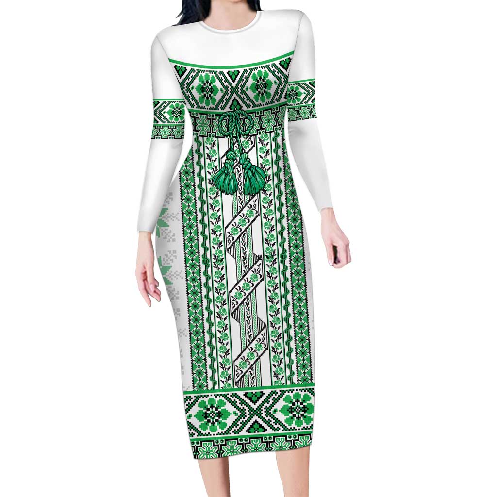 Ukraine Long Sleeve Bodycon Dress Traditional Braided Rope Belt Green Folk Pattern