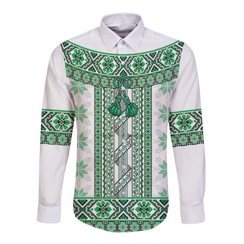 Ukraine Long Sleeve Button Shirt Traditional Braided Rope Belt Green Folk Pattern