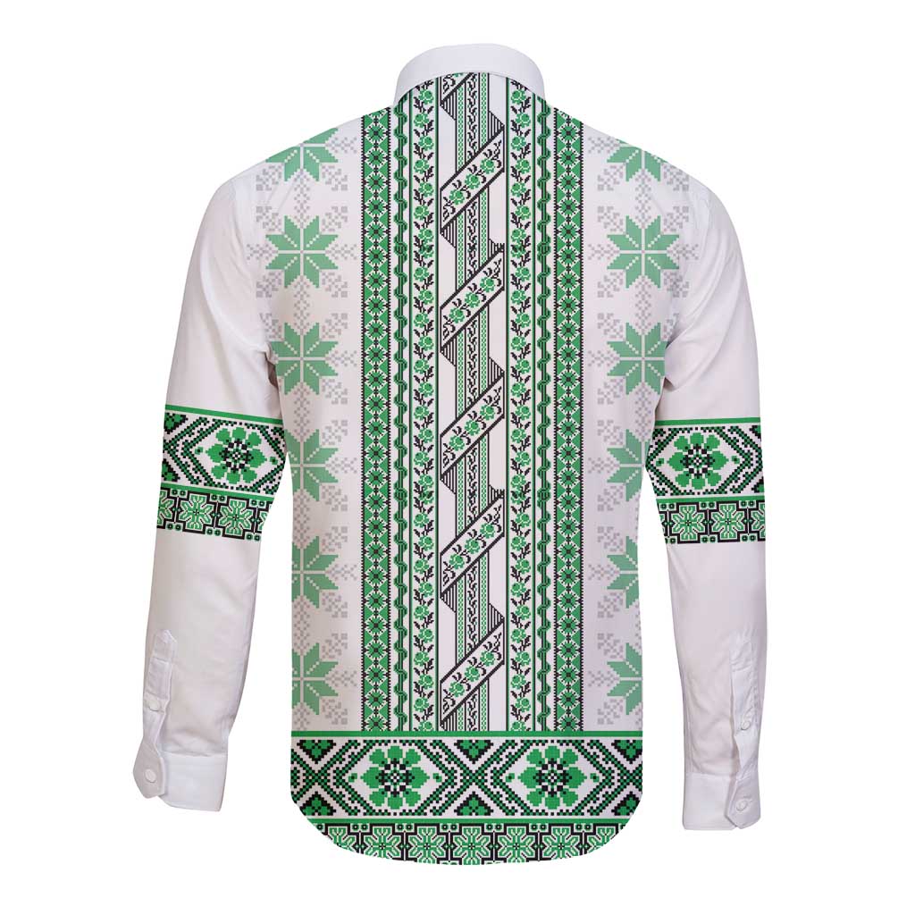 Ukraine Long Sleeve Button Shirt Traditional Braided Rope Belt Green Folk Pattern