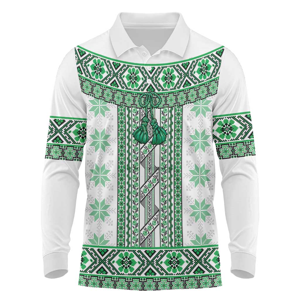 Ukraine Long Sleeve Polo Shirt Traditional Braided Rope Belt Green Folk Pattern