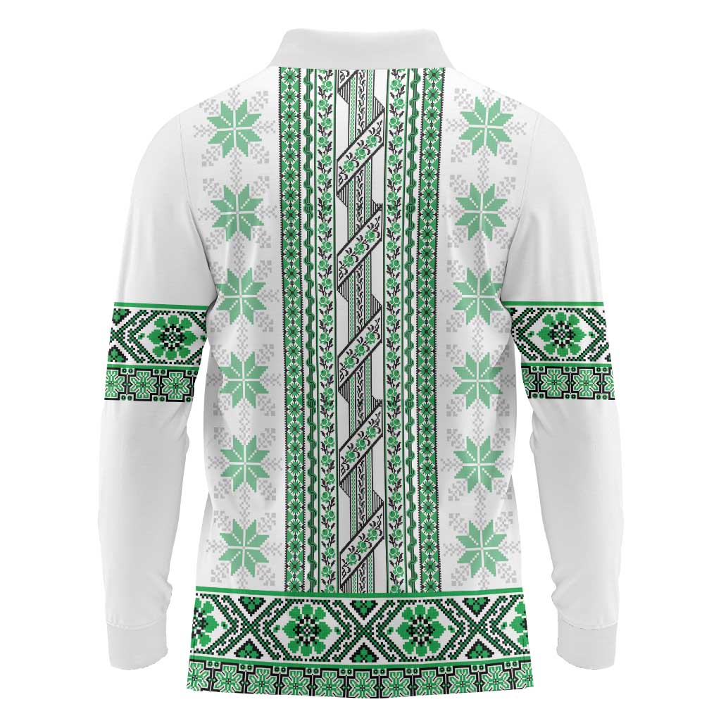 Ukraine Long Sleeve Polo Shirt Traditional Braided Rope Belt Green Folk Pattern