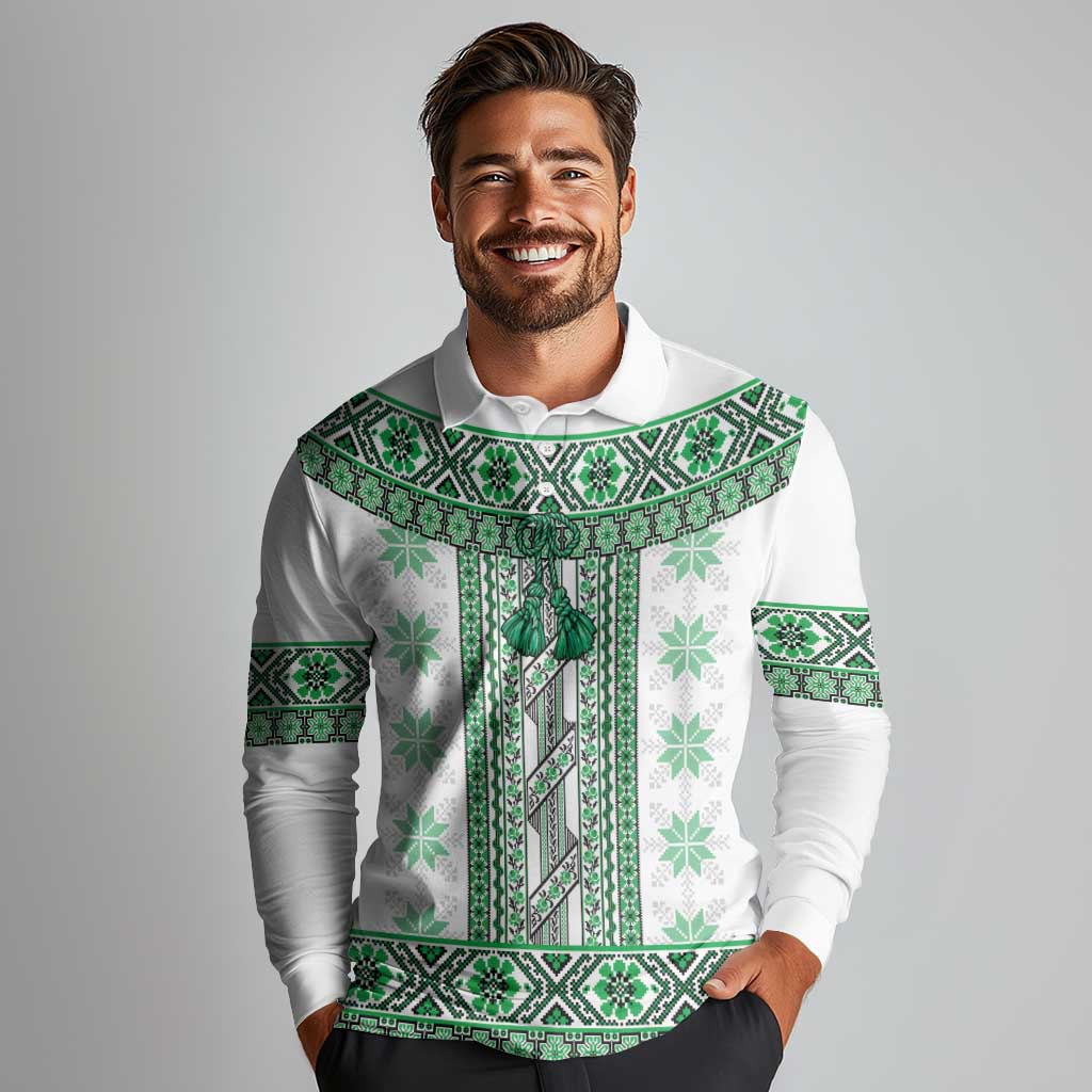 Ukraine Long Sleeve Polo Shirt Traditional Braided Rope Belt Green Folk Pattern