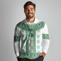 Ukraine Long Sleeve Polo Shirt Traditional Braided Rope Belt Green Folk Pattern