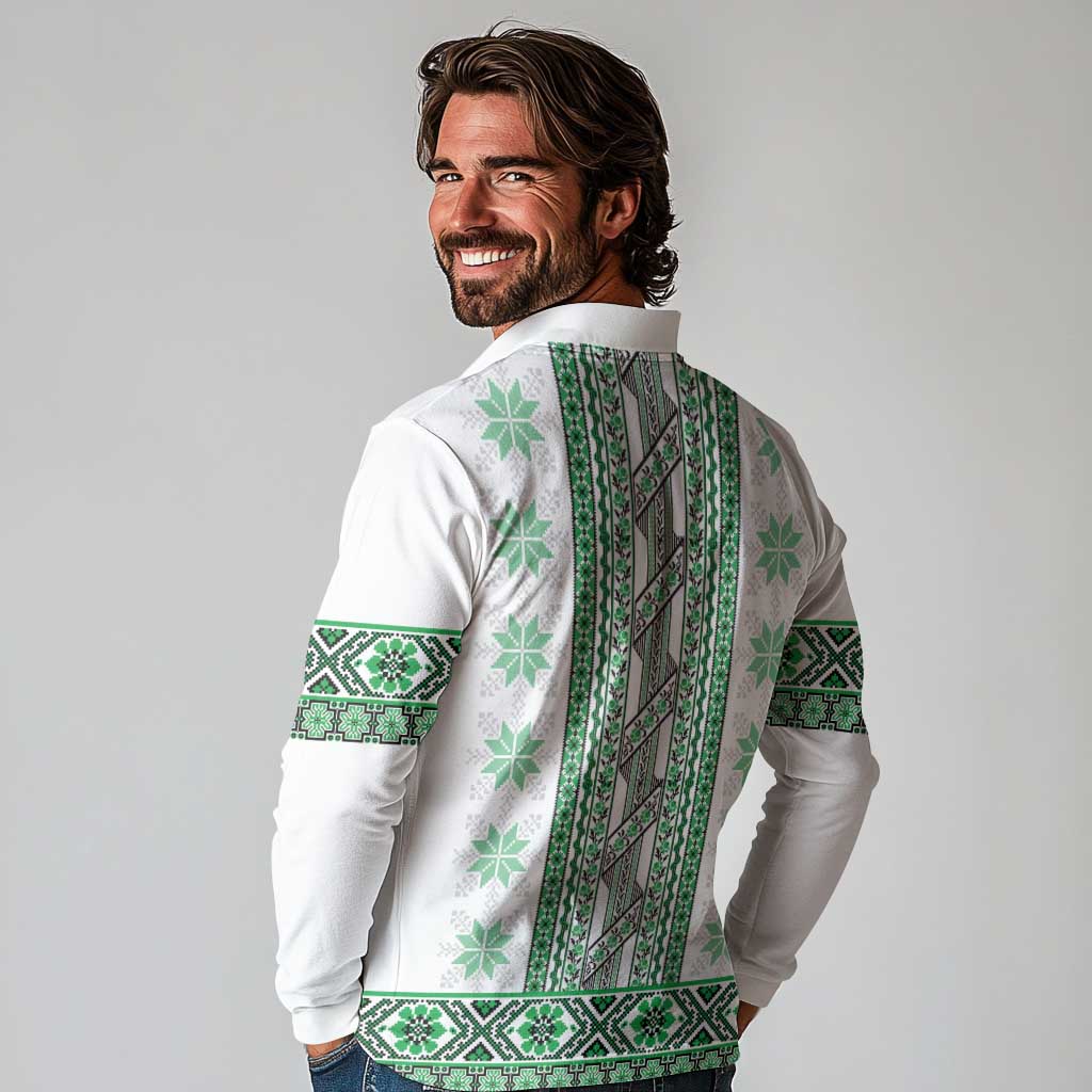 Ukraine Long Sleeve Polo Shirt Traditional Braided Rope Belt Green Folk Pattern