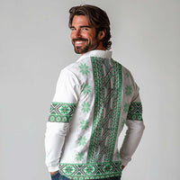 Ukraine Long Sleeve Polo Shirt Traditional Braided Rope Belt Green Folk Pattern