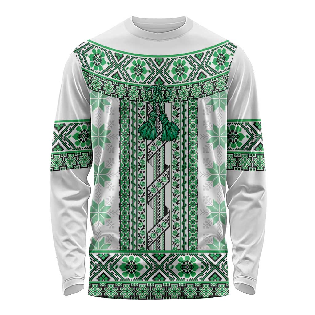 Ukraine Long Sleeve Shirt Traditional Braided Rope Belt Green Folk Pattern