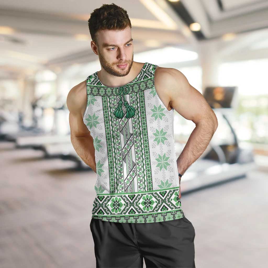 Ukraine Men Tank Top Traditional Braided Rope Belt Green Folk Pattern