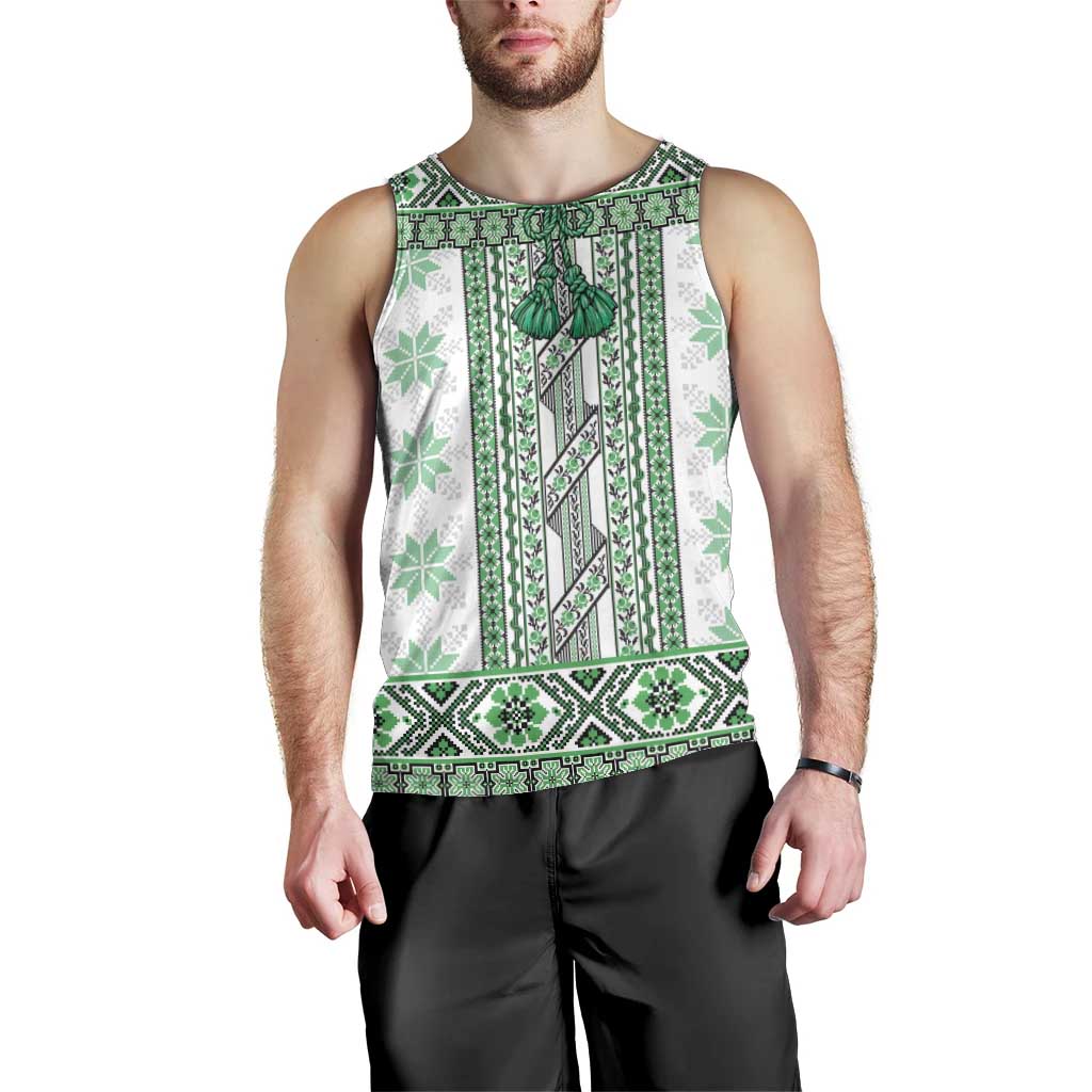 Ukraine Men Tank Top Traditional Braided Rope Belt Green Folk Pattern