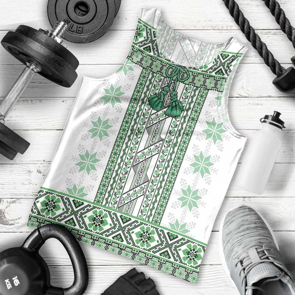 Ukraine Men Tank Top Traditional Braided Rope Belt Green Folk Pattern