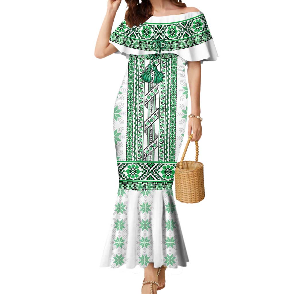 Ukraine Mermaid Dress Traditional Braided Rope Belt Green Folk Pattern