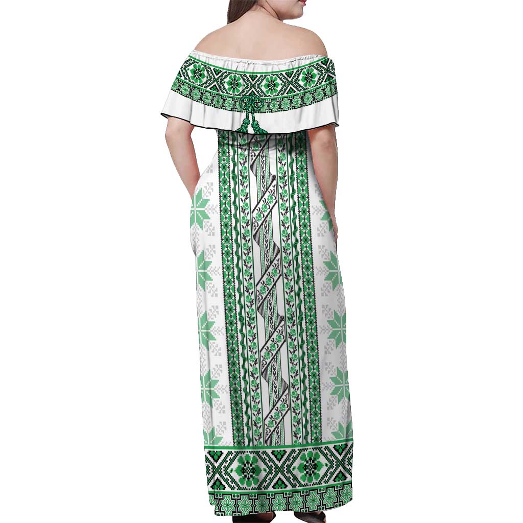 Ukraine Off Shoulder Maxi Dress Traditional Braided Rope Belt Green Folk Pattern