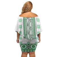 Ukraine Off Shoulder Short Dress Traditional Braided Rope Belt Green Folk Pattern