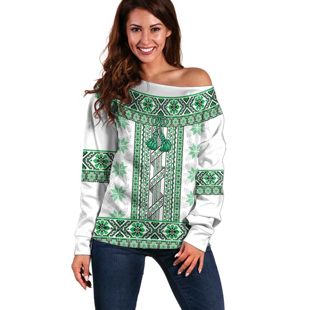 Ukraine Off Shoulder Sweater Traditional Braided Rope Belt Green Folk Pattern