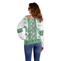 Ukraine Off Shoulder Sweater Traditional Braided Rope Belt Green Folk Pattern