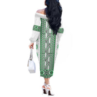 Ukraine Off The Shoulder Long Sleeve Dress Traditional Braided Rope Belt Green Folk Pattern