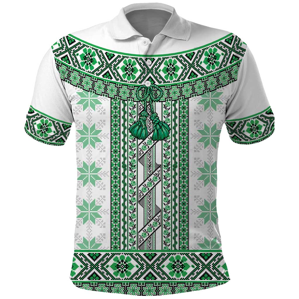 Ukraine Polo Shirt Traditional Braided Rope Belt Green Folk Pattern