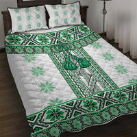 Ukraine Quilt Bed Set Traditional Braided Rope Belt Green Folk Pattern