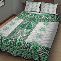 Ukraine Quilt Bed Set Traditional Braided Rope Belt Green Folk Pattern