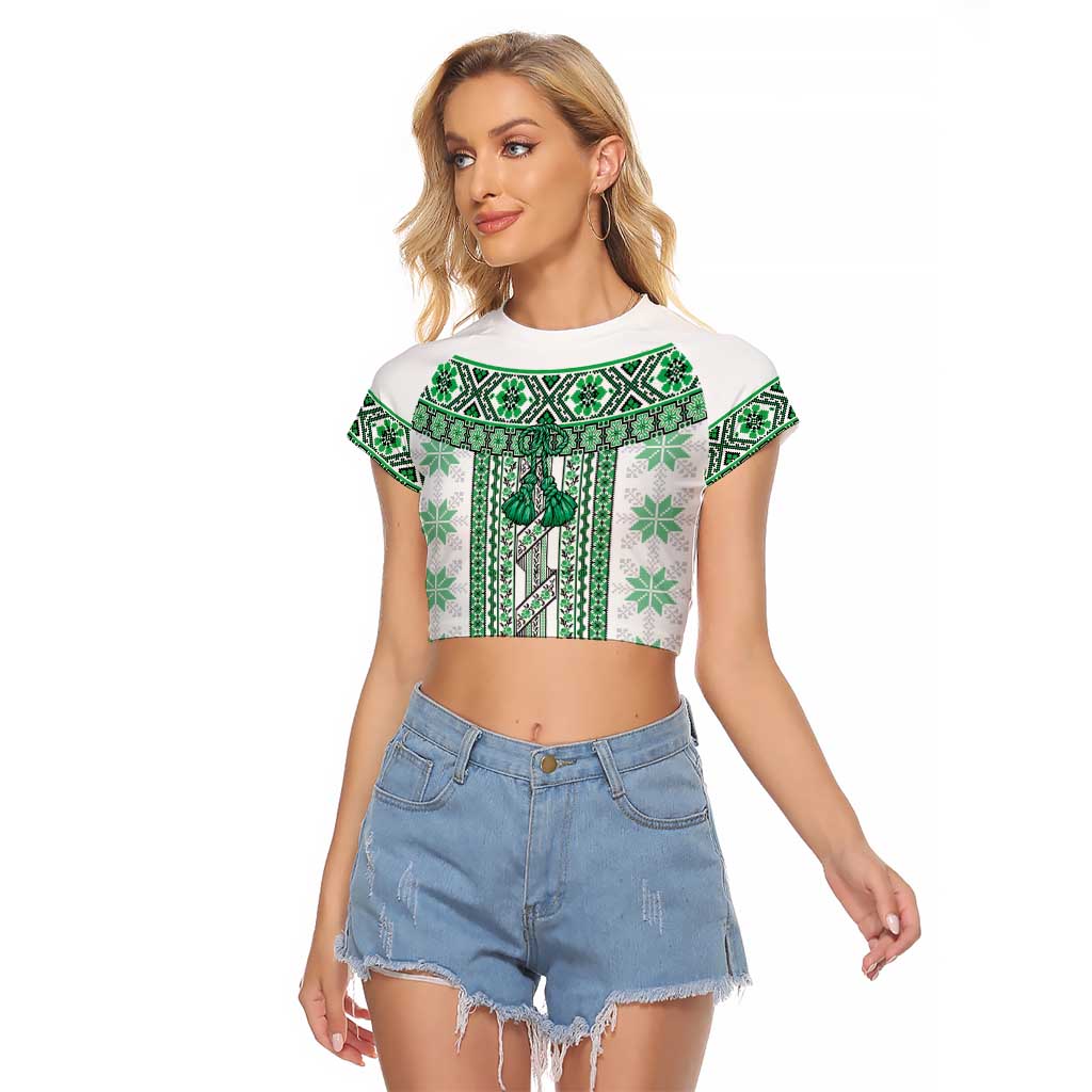 Ukraine Raglan Cropped T Shirt Traditional Braided Rope Belt Green Folk Pattern