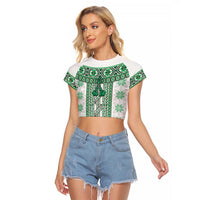 Ukraine Raglan Cropped T Shirt Traditional Braided Rope Belt Green Folk Pattern